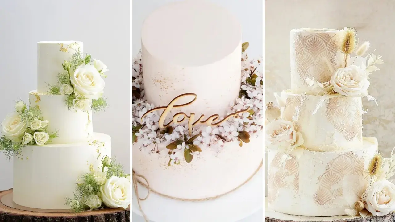 Trzy torty weselne w stylu boho: jeden z białymi różami i złotymi płatkami, drugi z napisem "love" i kwitnącą wiśnią, trzeci z koronkowym wzorem i suszonymi trawami.