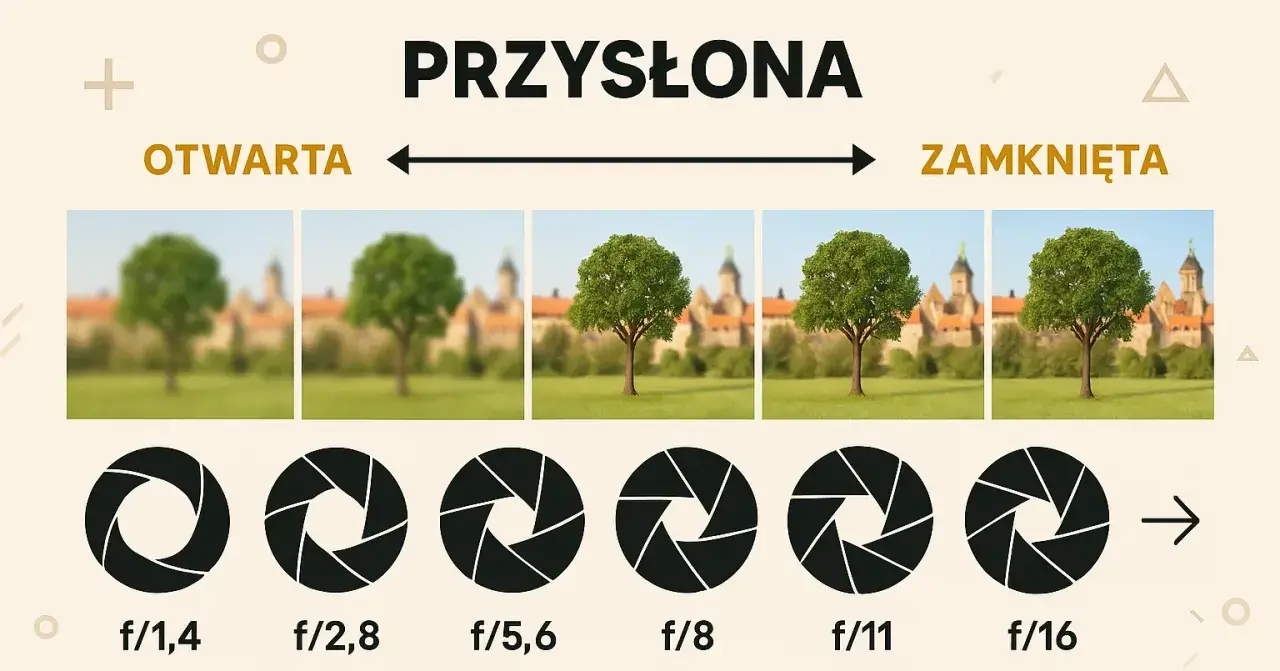 Ilustracja pokazuje, jak przysłona aparatu wpływa na głębię ostrości. Od otwartej (małe f) do zamkniętej (duże f).
