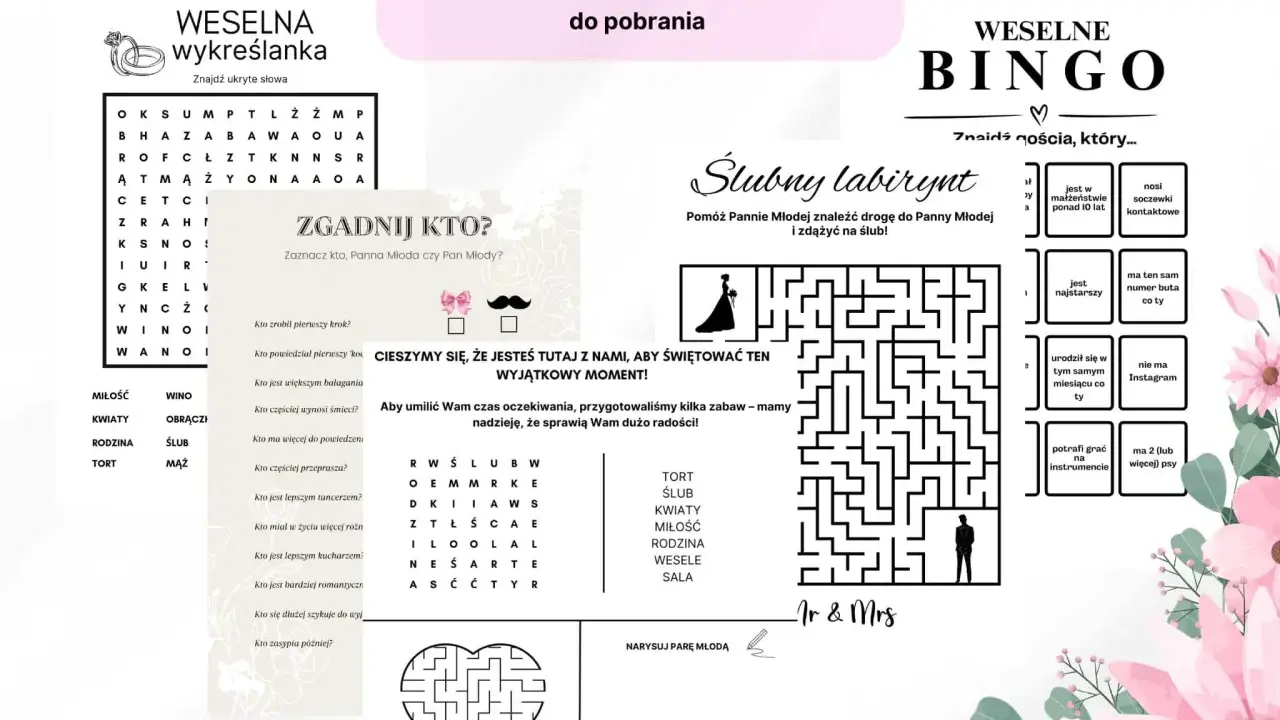 Gry dla gości weselnych: wykreślanka, bingo, labirynt i zgadnij kto. Idealne pytania dla gości weselnych, by umilić czas oczekiwania.
