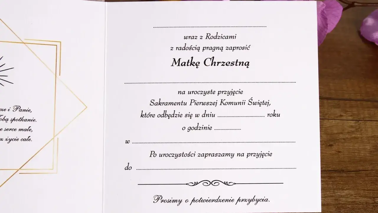 Zaproszenie na uroczyste przyjęcie Sakramentu Pierwszej Komunii Świętej dla Matki Chrzestnej. Prosimy o potwierdzenie przybycia.