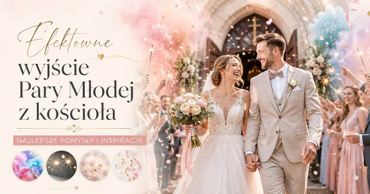 Efektowne wyjście Pary Młodej z kościoła, z racami i konfetti.