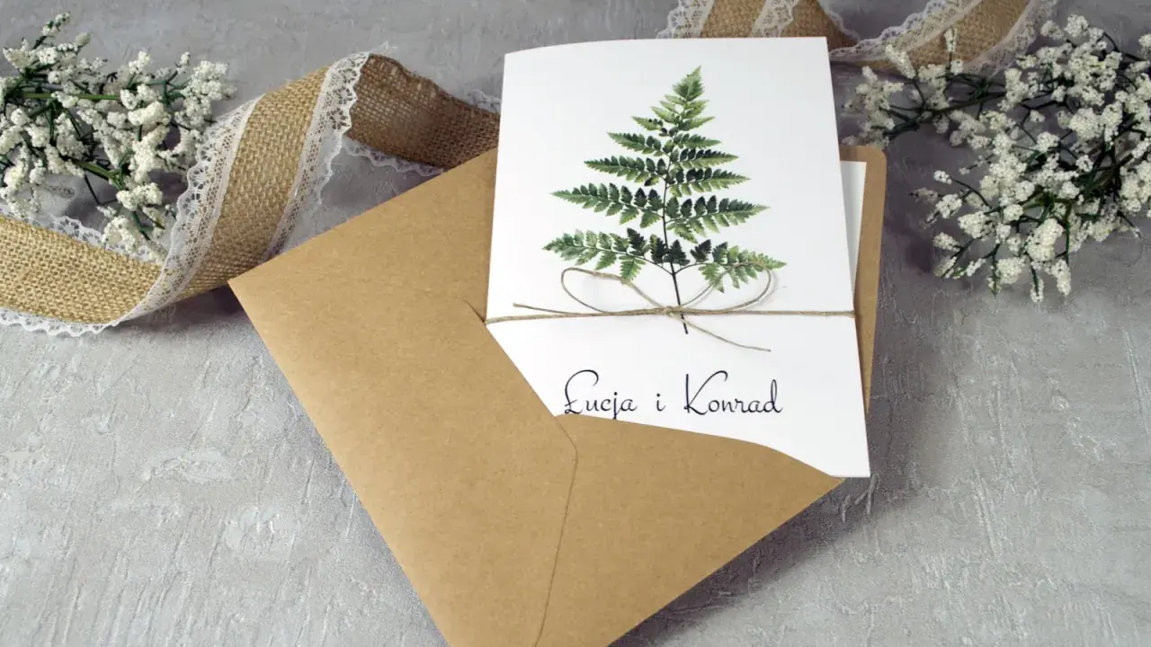 Eleganckie zaproszenie ślubne z paprocią i imionami pary. W zestawie koperta i ozdobna wstążka. To, co musi zawierać zaproszenie, to jego piękny design.
