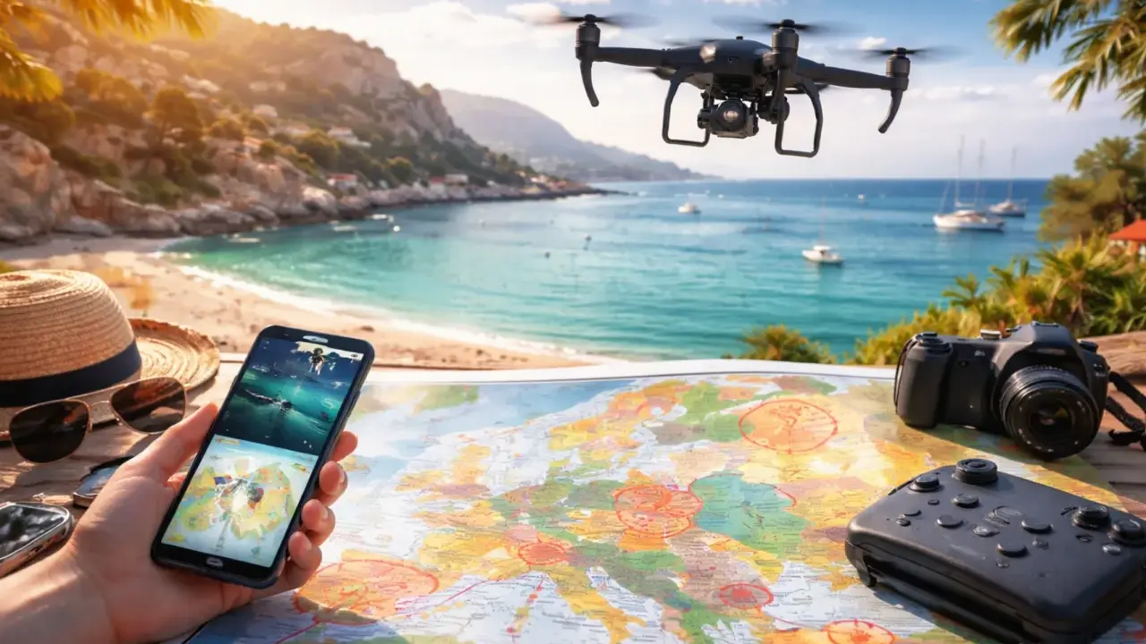 Planowanie wakacji w Grecji z dronem. Na stole mapa, telefon z widokiem na morze, aparat i kontroler.
