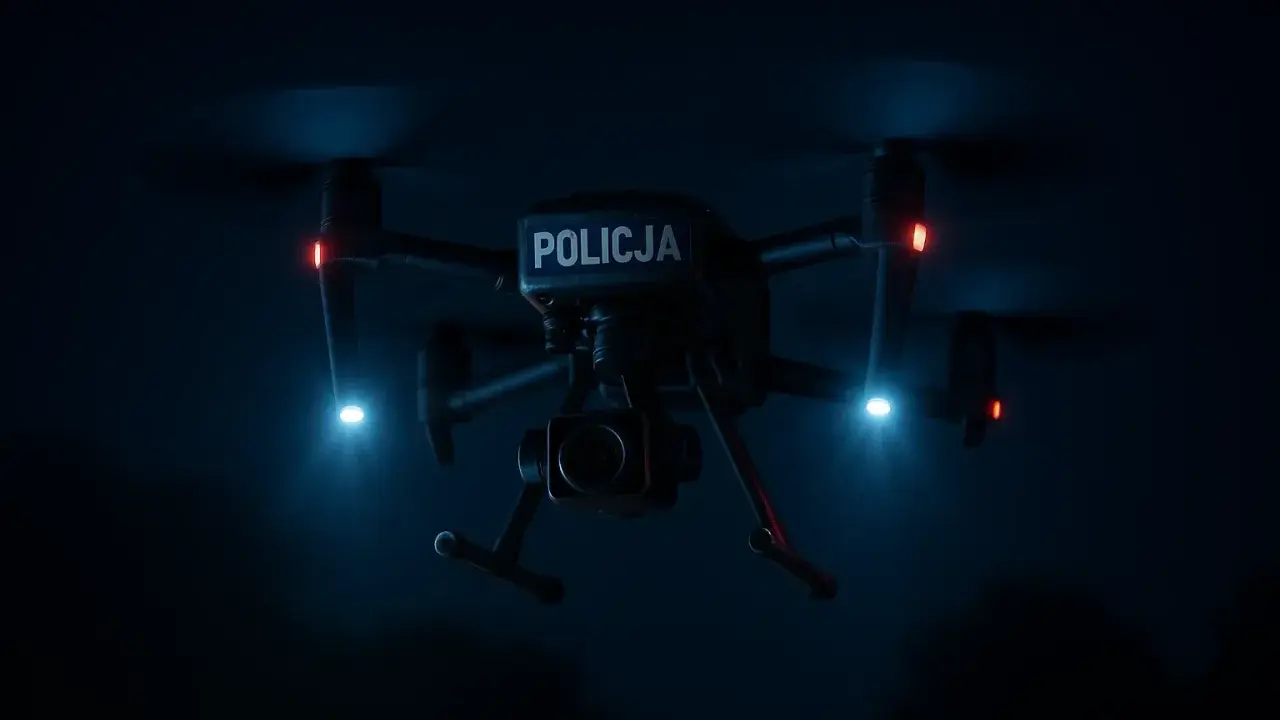 Policyjny dron nocą, z niebieskimi i czerwonymi światłami, gotowy do akcji.