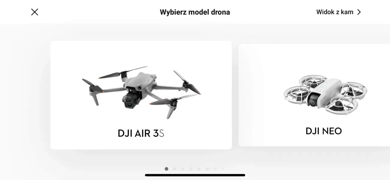 Wybór drona w aplikacji DJI Fly: DJI AIR 3S i DJI NEO.