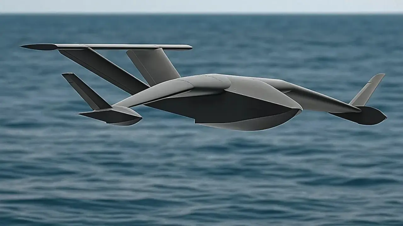 Futurystyczny dron szybuje nad turkusowym morzem, przypominając latającą rybę. Latanie dronem w Turcji to marzenie.