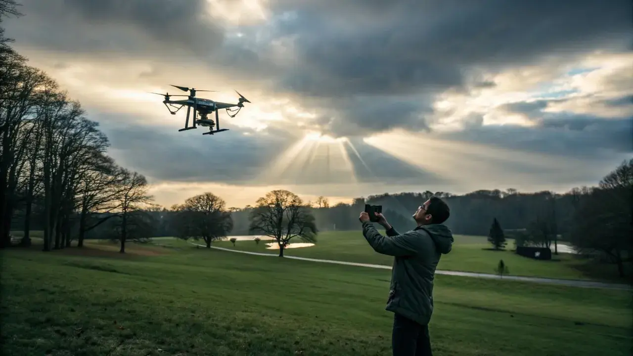 Mężczyzna steruje dronem na tle zachodzącego słońca. Piękny krajobraz, ale czy to miejsce, gdzie nie można latać dronem?