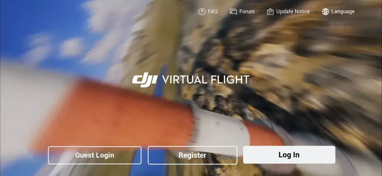Ekran startowy DJI Virtual Flight z opcjami logowania.