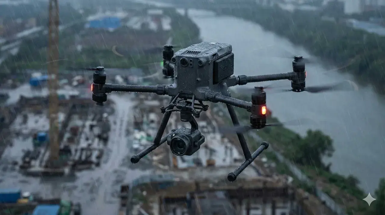 Profesjonalny dron z kamerą w locie podczas ulewy nad placem budowy.