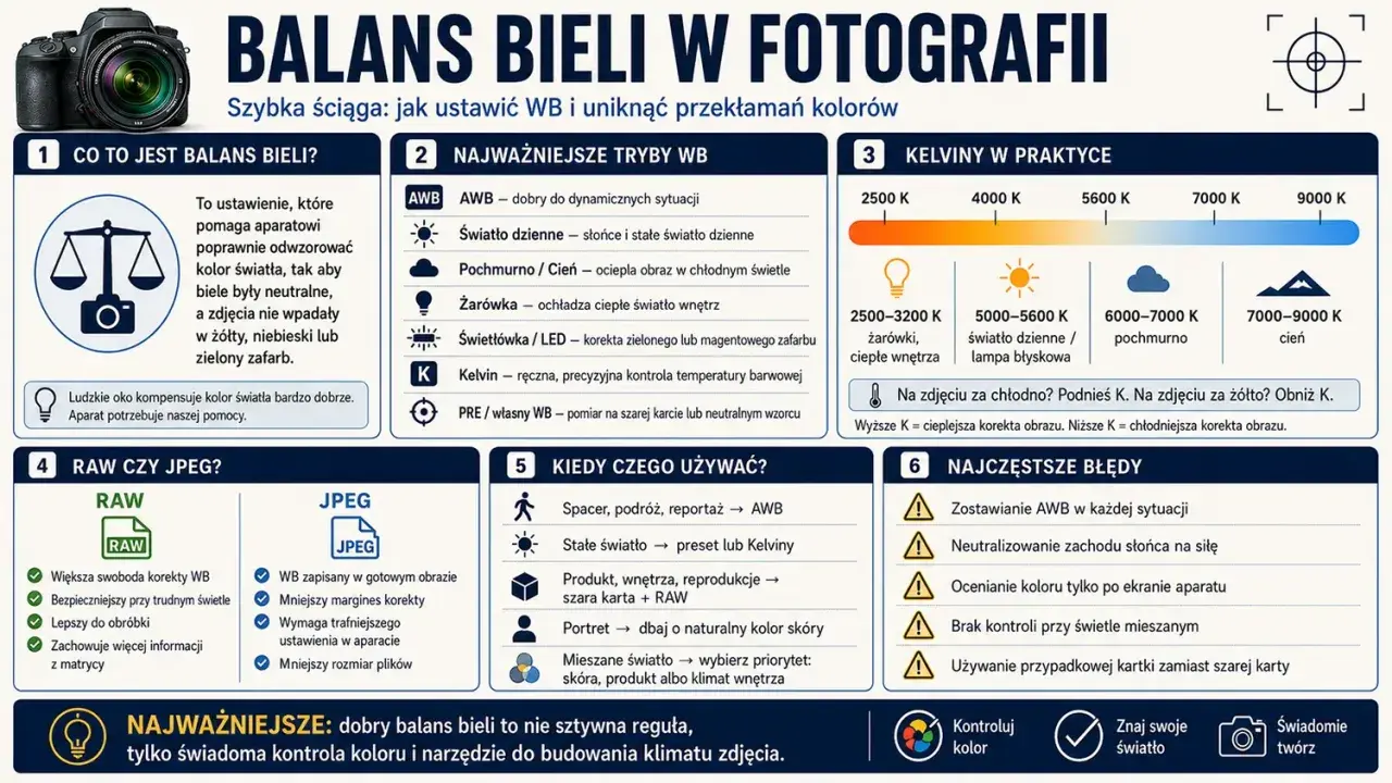 Poradnik o balansie bieli w fotografii: jak ustawić WB, aby uniknąć przekłamań kolorów. Poznaj tryby, kelwiny i najczęstsze błędy.