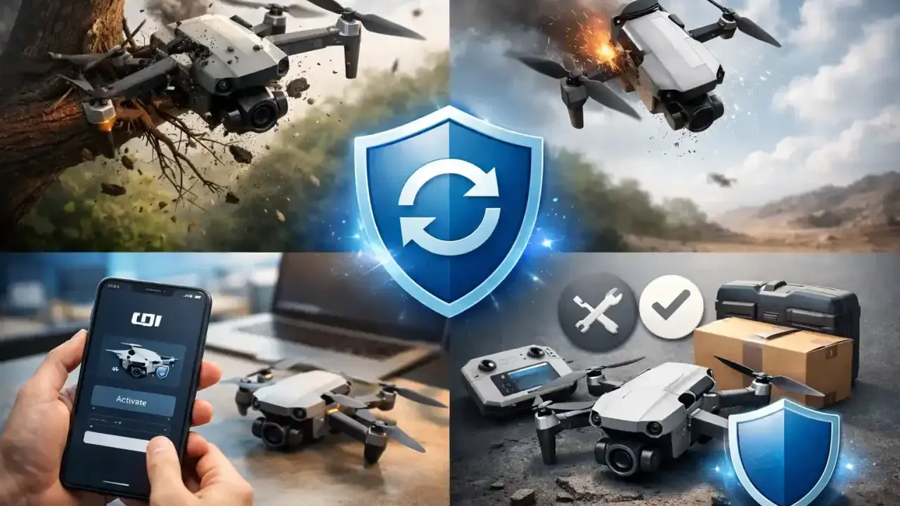 Dron w akcji, wypadek, aktywacja DJI Care Refresh na telefonie, gotowość do naprawy.