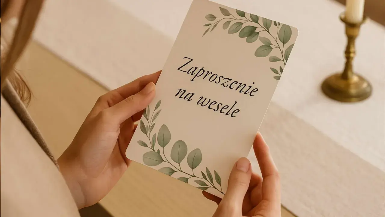 Dłonie trzymają eleganckie zaproszenie na ślub ozdobione gałązkami.