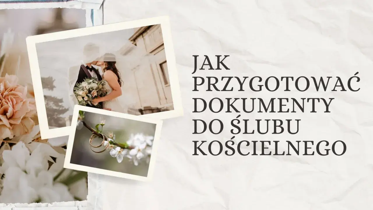 Jak przygotować dokumenty do ślubu kościelnego? Zdjęcia pary młodej i obrączek na tle kwiatów.