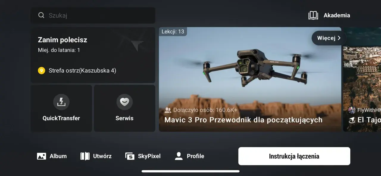 Aplikacja DJI z kursem Mavic 3 Pro dla początkujących, symulator lotu i mapą stref ostrzegawczych.