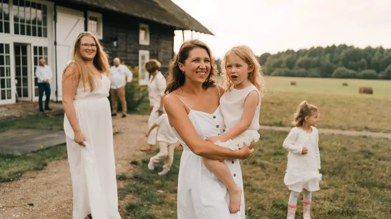 Rodzina w białych strojach, mama z córką na rękach, na tle wiejskiego domu. Skromny ślub kościelny bez wesela.