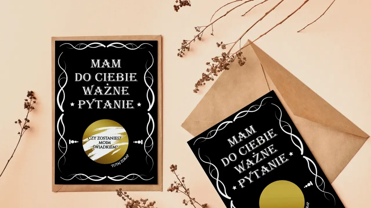 Prośba o świadkowanie: "Mam do Ciebie ważne pytanie. Czy zostaniesz moim świadkiem?" z polem do zdrapania.