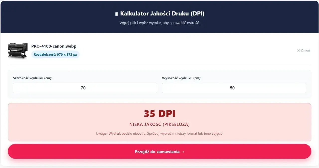 Kalkulator jakości druku (DPI) pokazuje 35 DPI dla wydruku 70x50 cm, co oznacza niską jakość.