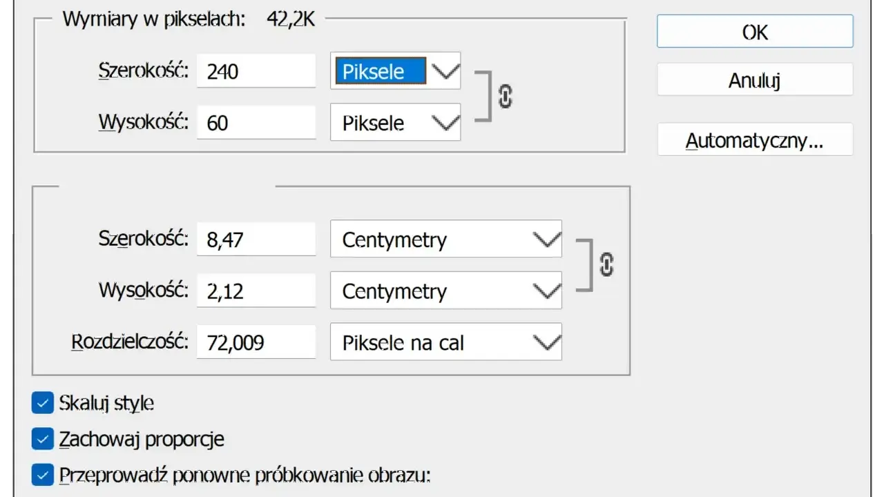 Ustawienia rozmiaru obrazu: szerokość 240 px, wysokość 60 px. Rozdzielczość 72 dpi. Skalowanie stylów i zachowanie proporcji włączone.