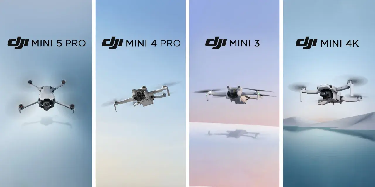 Cztery drony DJI Mini Pro, w tym DJI Mini 5 Pro, unoszą się na tle nieba.