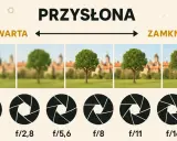 Ilustracja pokazuje, jak przysłona aparatu wpływa na głębię ostrości. Od otwartej (małe f) do zamkniętej (duże f).