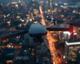 Dron unosi się nad nocnym miastem, tworząc niesamowite filmy z drona. Rozświetlone wieżowce i ulice tworzą magiczną scenerię.