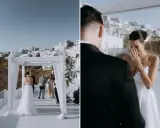 Ślub cywilny na Santorini. Urzędnik udziela ślubu parze młodej na tarasie z widokiem na białe domy. Panna młoda wzruszona.