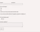 Formularz RSVP: podaj imię, nazwisko, wybierz "Tak" lub "Nie" na pytanie "Czy będziesz obecny?", zaznacz ograniczenia dietetyczne, wskaż liczbę gości i dodaj komentarz.