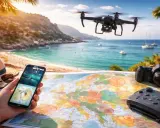 Planowanie wakacji w Grecji z dronem. Na stole mapa, telefon z widokiem na morze, aparat i kontroler.