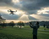 Mężczyzna steruje dronem na tle zachodzącego słońca. Piękny krajobraz, ale czy to miejsce, gdzie nie można latać dronem?
