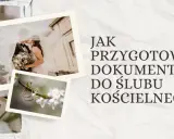 Jak przygotować dokumenty do ślubu kościelnego? Zdjęcia pary młodej i obrączek na tle kwiatów.