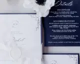 Eleganckie zaproszenie ślubne z detalami wesela i noclegów. Jak zapytać o potwierdzenie przybycia na wesele? Informacje o RSVP i stronie internetowej.