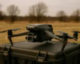 Czarny dron Mavic na walizce, gotowy do lotu. Programiści wykorzystują DJI SDK do tworzenia innowacyjnych rozwiązań.