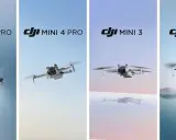 Cztery drony DJI Mini Pro, w tym DJI Mini 5 Pro, unoszą się na tle nieba.