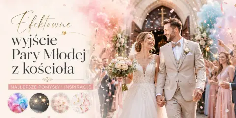 Efektowne wyjście Pary Młodej z kościoła, z racami i konfetti.