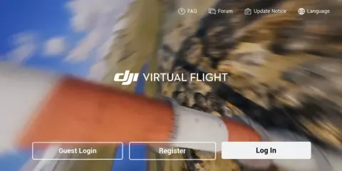 Ekran startowy DJI Virtual Flight z opcjami logowania.