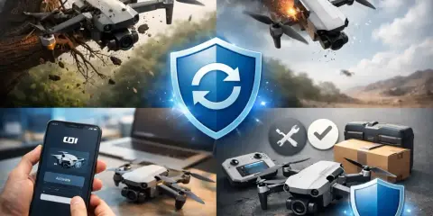 Dron w akcji, wypadek, aktywacja DJI Care Refresh na telefonie, gotowość do naprawy.