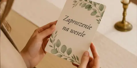 Dłonie trzymają eleganckie zaproszenie na ślub ozdobione gałązkami.