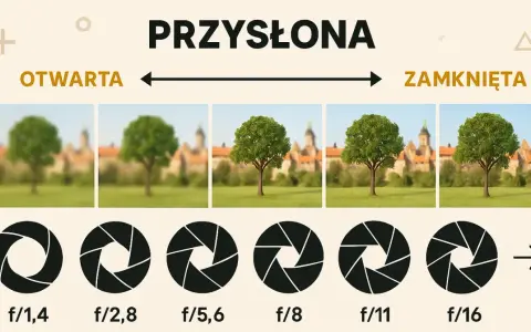 Ilustracja pokazuje, jak przysłona aparatu wpływa na głębię ostrości. Od otwartej (małe f) do zamkniętej (duże f).