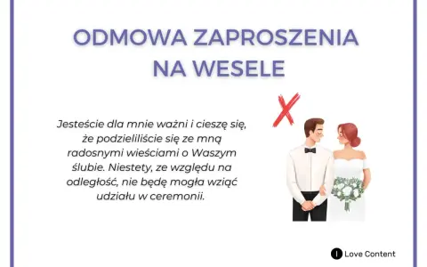 Podziękowanie za zaproszenie i odmowa przybycia na wesele z powodu odległości. Para młoda, czerwony krzyżyk.