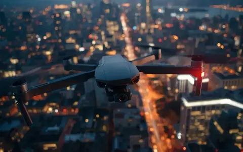 Dron unosi się nad nocnym miastem, tworząc niesamowite filmy z drona. Rozświetlone wieżowce i ulice tworzą magiczną scenerię.