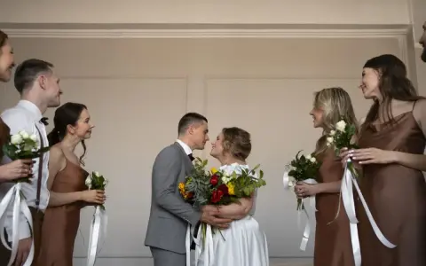 Para młoda w otoczeniu druhen i świadków. Romantyczny ślub w piątek, pełen miłości i pięknych bukietów.