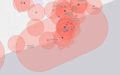 Mapa z zaznaczonymi strefami, gdzie możliwe jest latanie dronem w Hiszpanii, obejmująca obszar Barcelony i okolic.
