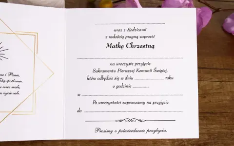 Zaproszenie na uroczyste przyjęcie Sakramentu Pierwszej Komunii Świętej dla Matki Chrzestnej. Prosimy o potwierdzenie przybycia.