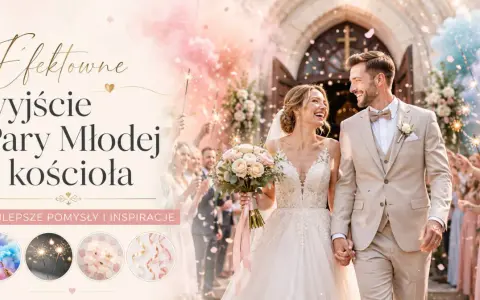 Efektowne wyjście Pary Młodej z kościoła, z racami i konfetti.