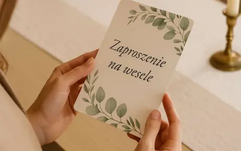 Dłonie trzymają zaproszenie na wesele z motywem liści. To ważny moment, gdy para młoda odpowiada na pytania o ślub.