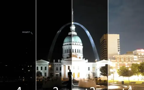 Cztery ujęcia nocnego miasta, pokazujące efekt bracketingu ekspozycji. Od skrajnie ciemnego do prześwietlonego, z widocznym łukiem i budynkami.