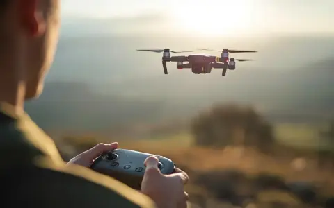 Operator steruje dronem, realizując wideofilmowanie z powietrza. Zachód słońca nad malowniczym krajobrazem.