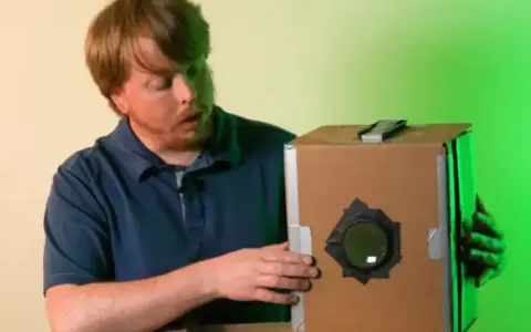 Mężczyzna prezentuje domową camera obscura z kartonu.
