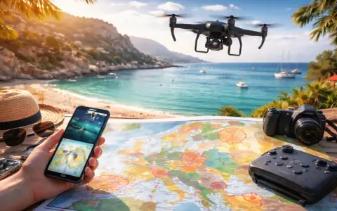 Planowanie wakacji w Grecji z dronem. Na stole mapa, telefon z widokiem na morze, aparat i kontroler.