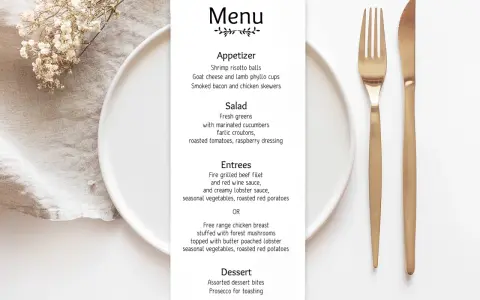 Eleganckie menu na wesele w domu, z daniami takimi jak grillowany filet i pieczony kurczak.